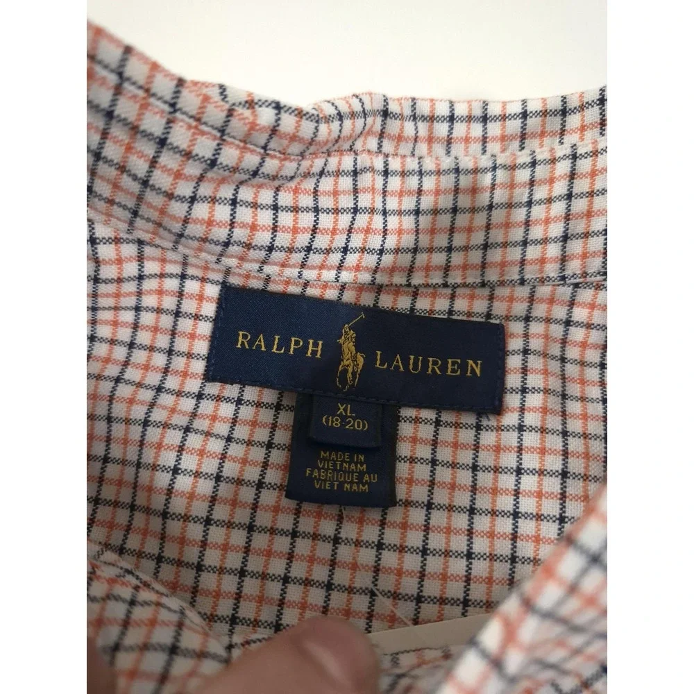 Ralph Lauren Shirt Boys XL 18-20 Orange Check Button Down Long Sleeve Pony Logo